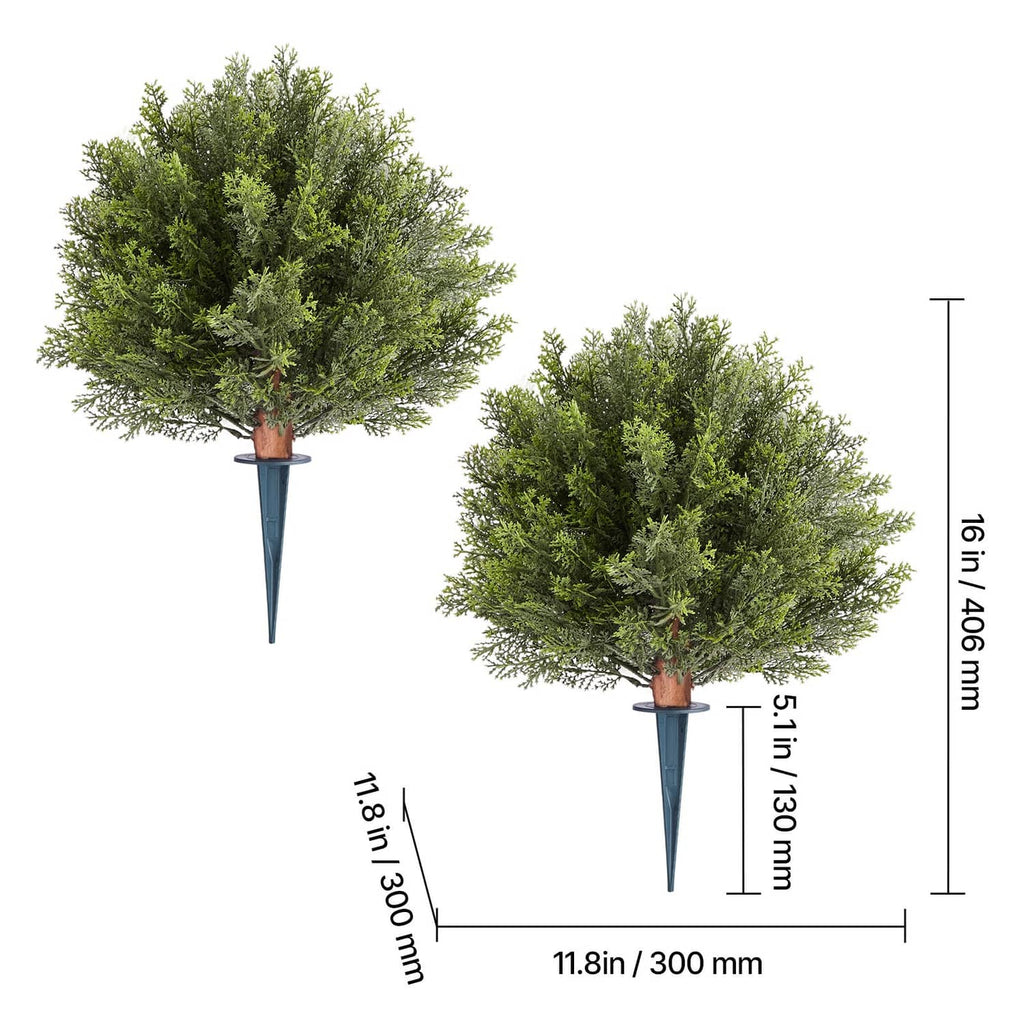 Pair of artificial cypress topiary trees with green foliage, brown trunk, blue ground spikes