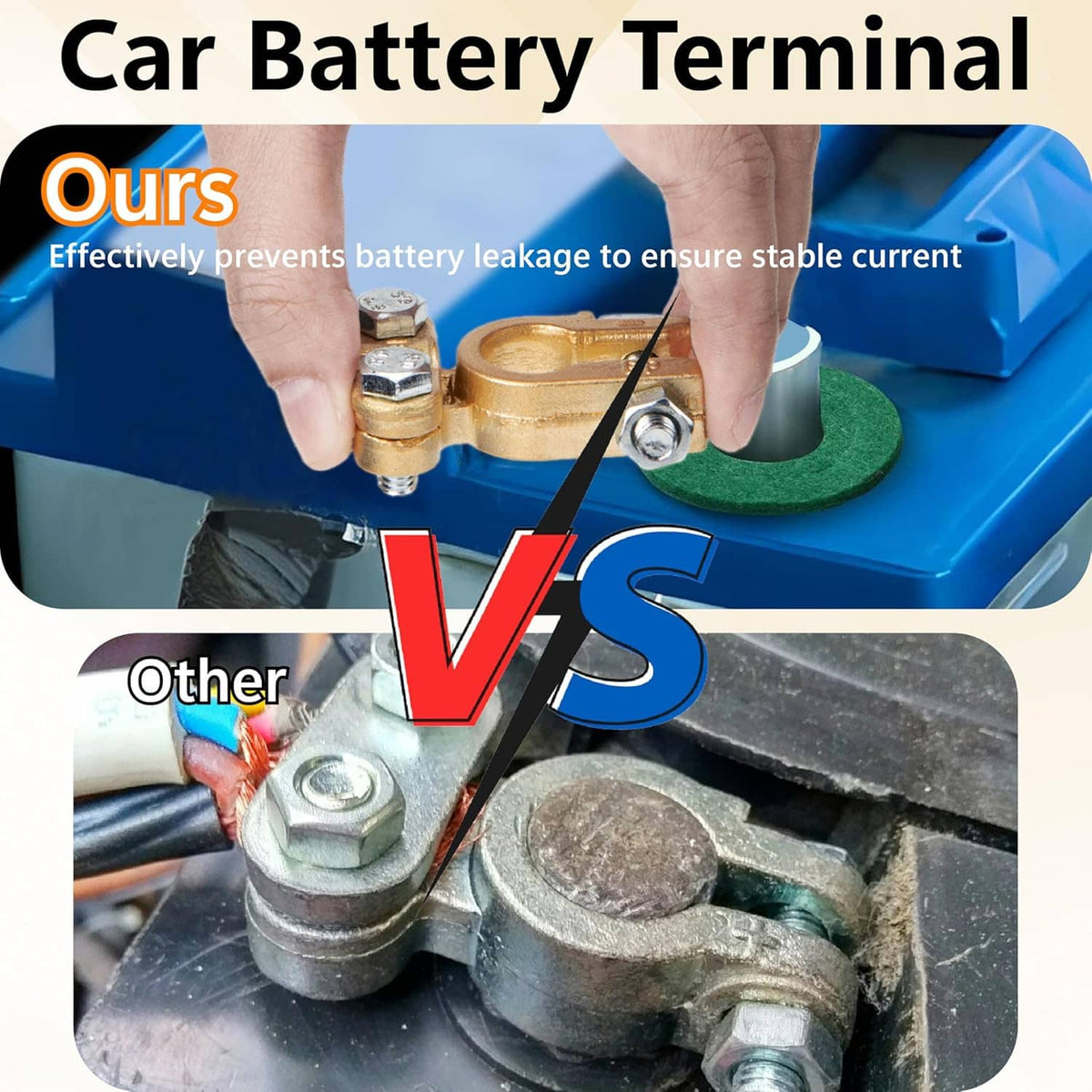 Gold car battery terminal connector being installed on a battery post