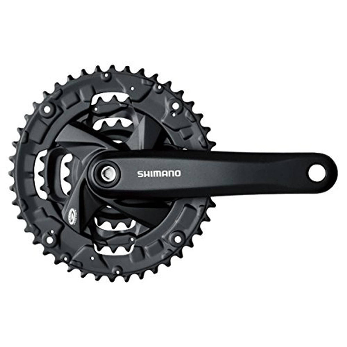 Bike front chainring crankset with black Shimano 3-ring sprocket and crank arm