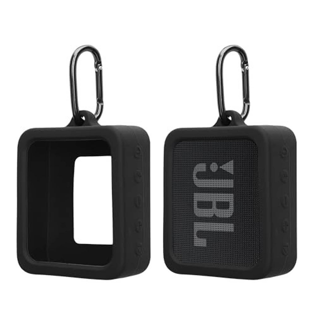Black silicone mini speaker case with carabiner clip, front cutout and textured mesh
