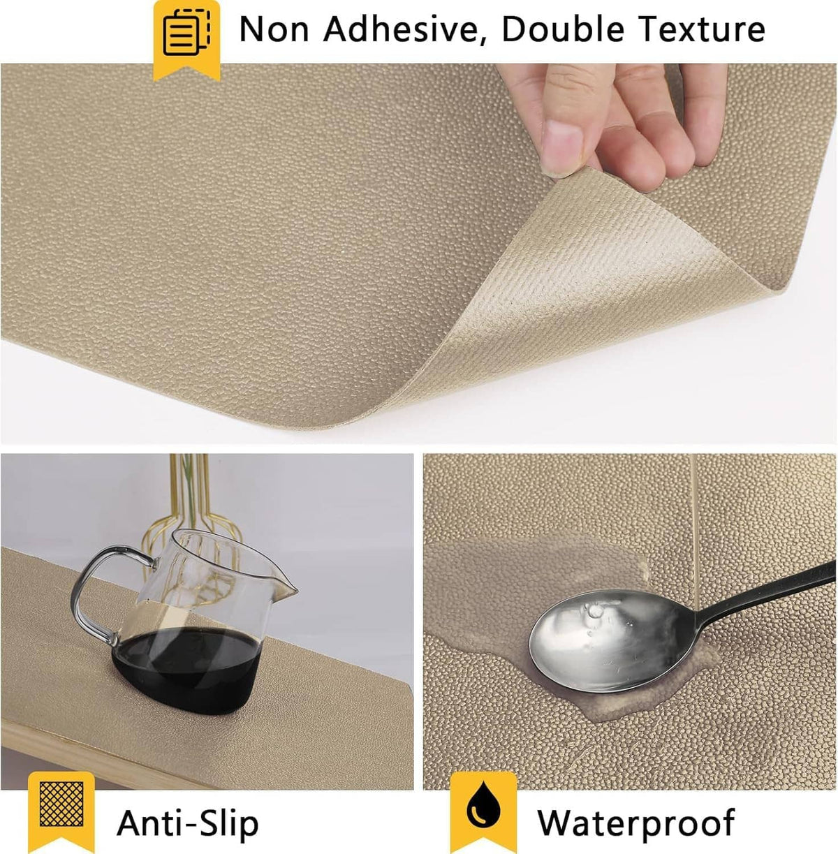 Beige non-adhesive foam liner with double-texture, hand lifting the corner