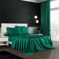 6-piece satin bed sheet set, deep pocket, teal green striped bedding on bed