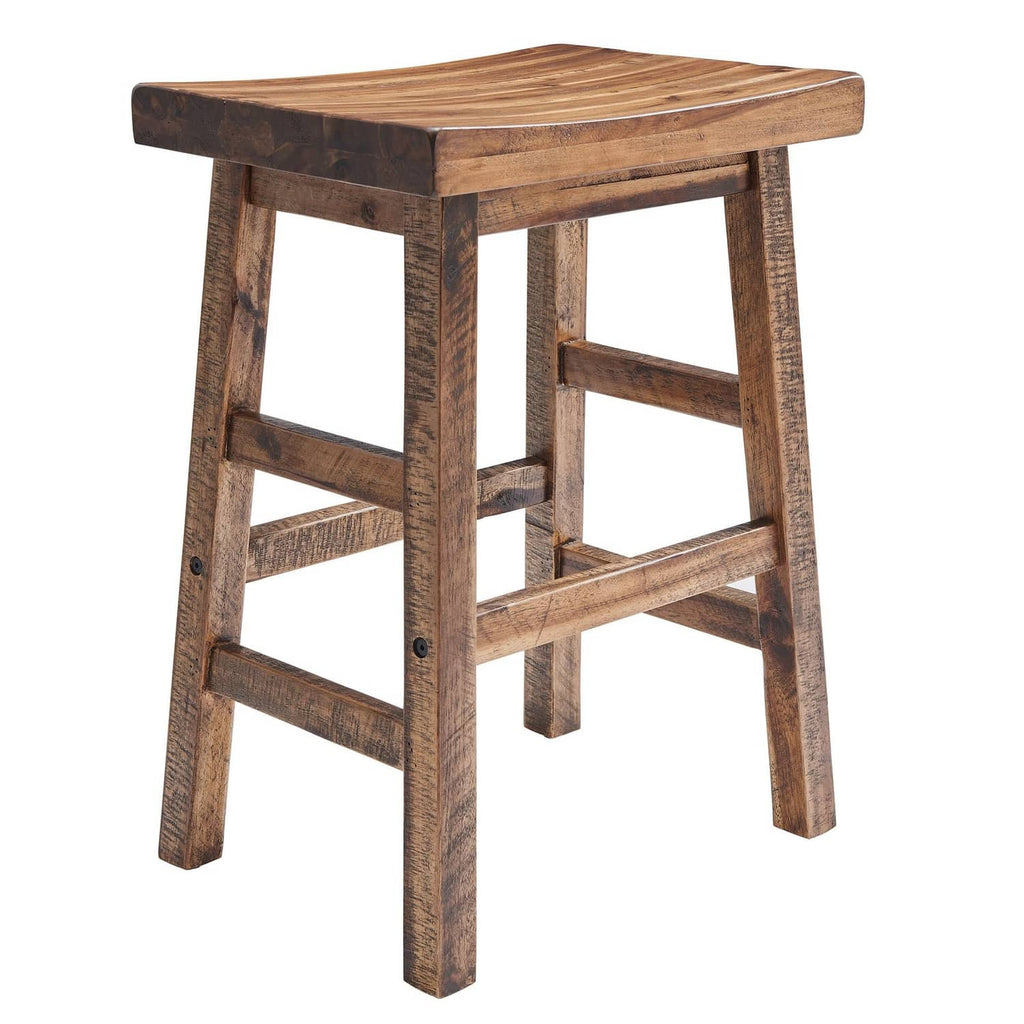 Natural wood counter-height bar stool with saddle seat and lower shelf frame