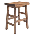 Natural wood counter-height bar stool with saddle seat and lower shelf frame