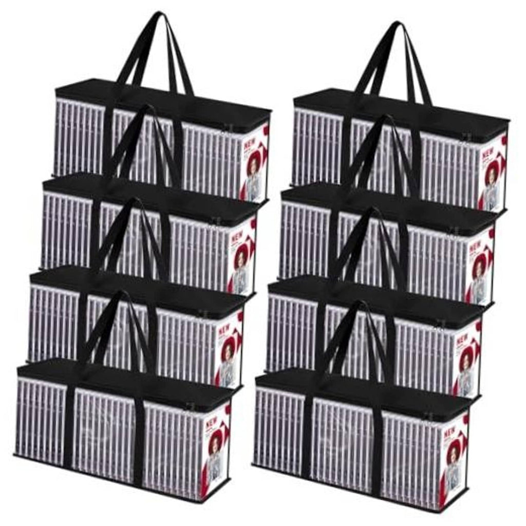 Set of 8 clear PVC DVD storage bags with black handles and front windows