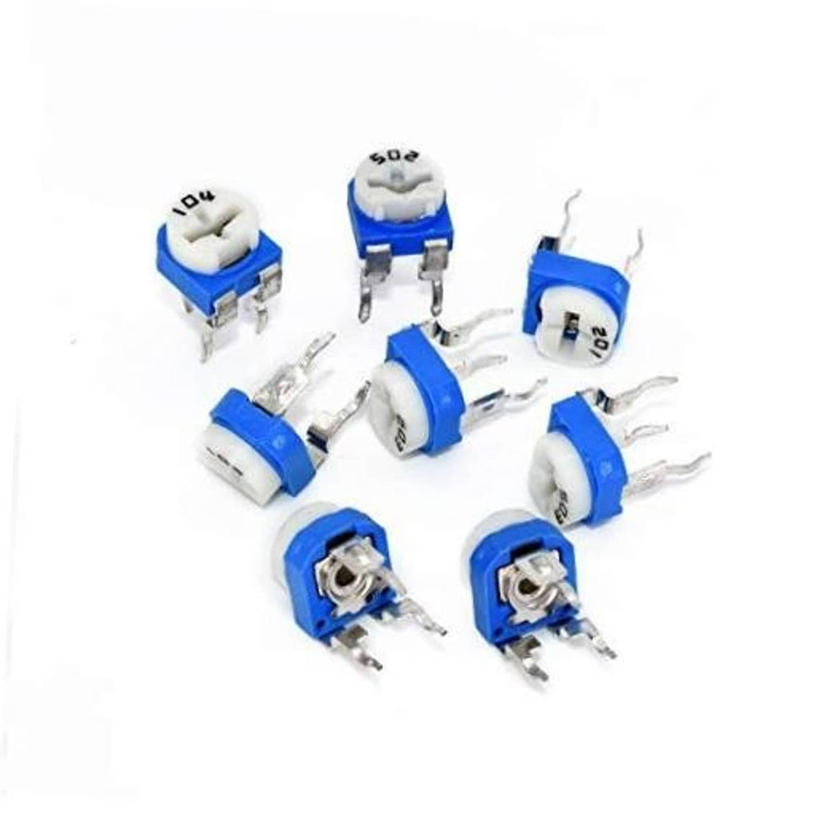 Pack of blue and white top-adjust trimmer potentiometers with metal three-pin leads