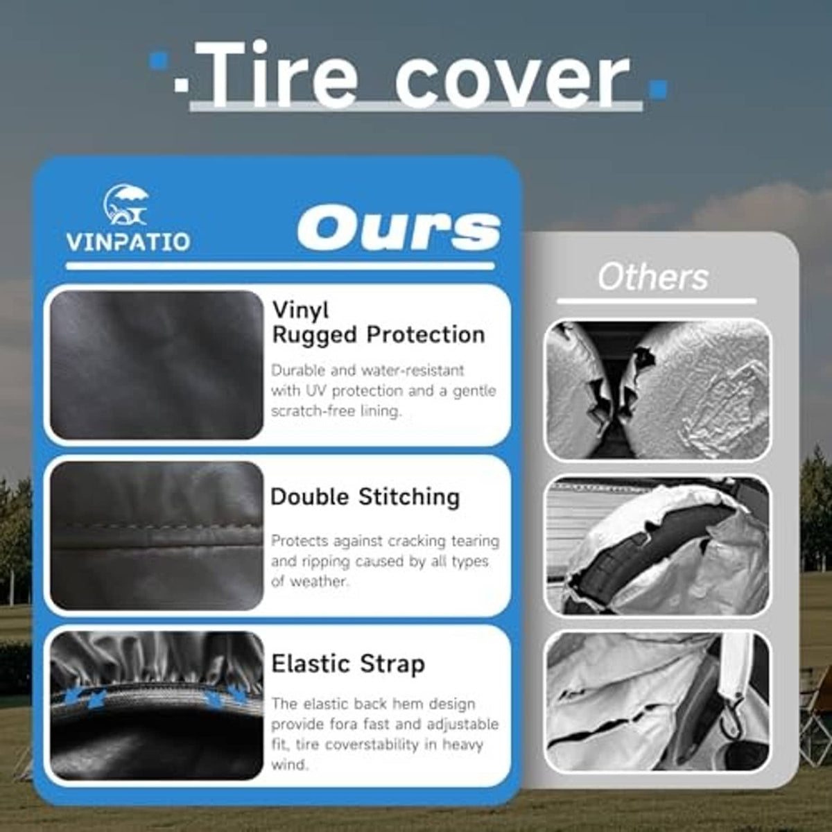 Black rugged tire cover with elastic strap and reinforced stitching