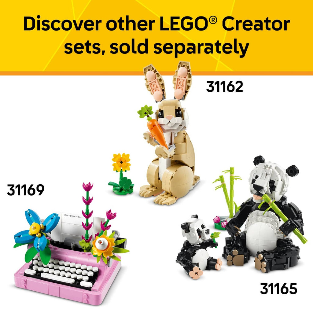 Other LEGO Creator animal sets shown, including a rabbit, flower scene, and panda build