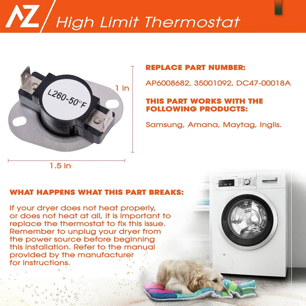 Dryer high-limit thermostat with metal base, bracket, and L260-50F temperature marking