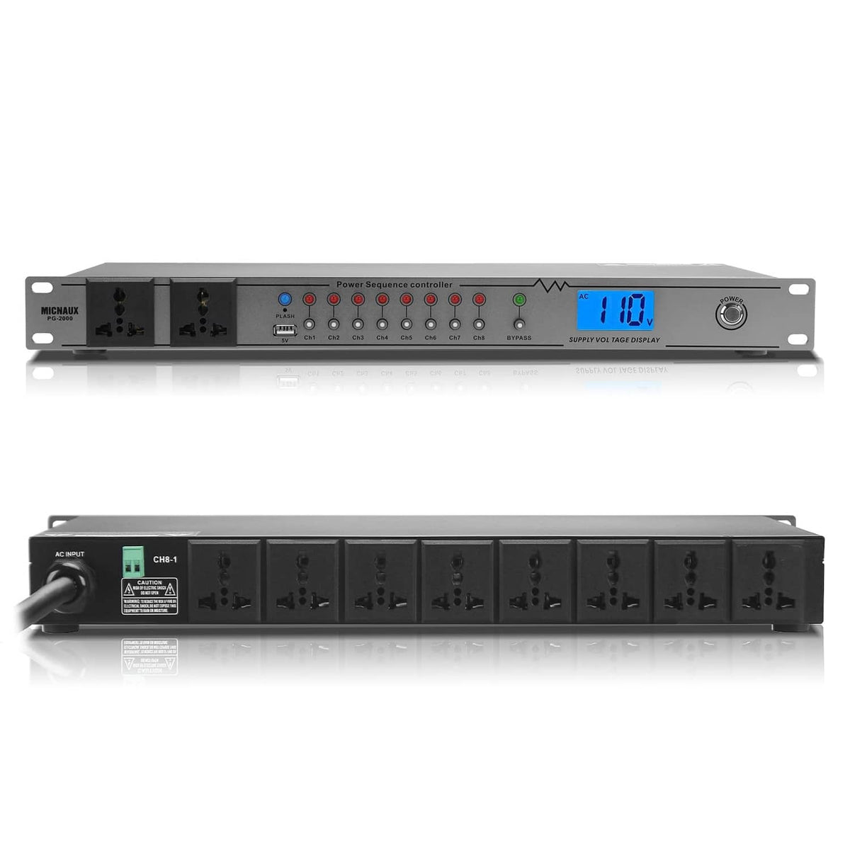 Grey rack power conditioner front panel with digital display and multiple outlet banks