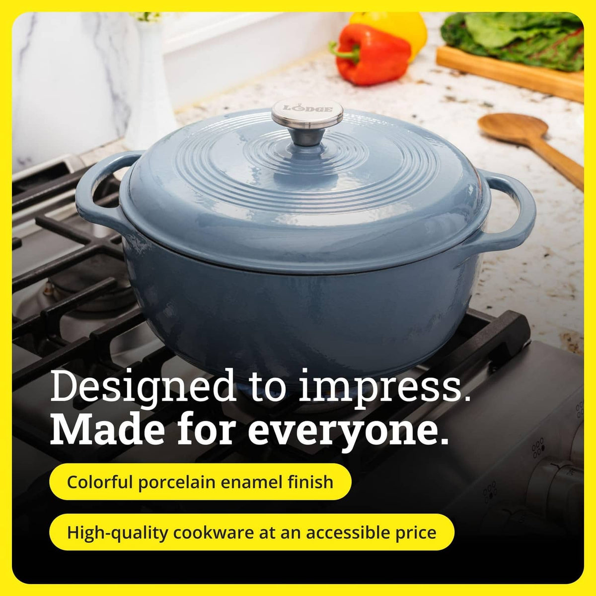 Storm blue enameled cast iron Dutch oven with lid on a stovetop