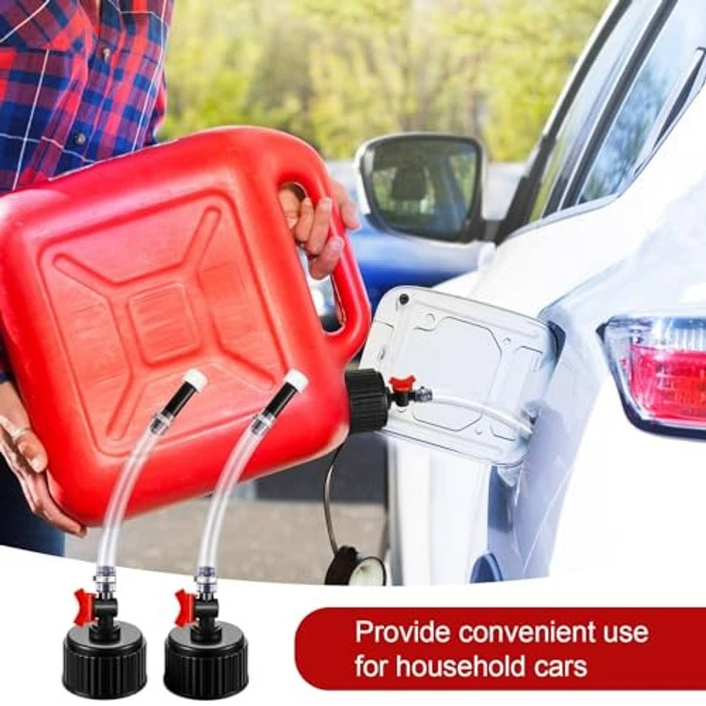 Red fuel jug with black cap connected to clear filler hoses and shutoff valves