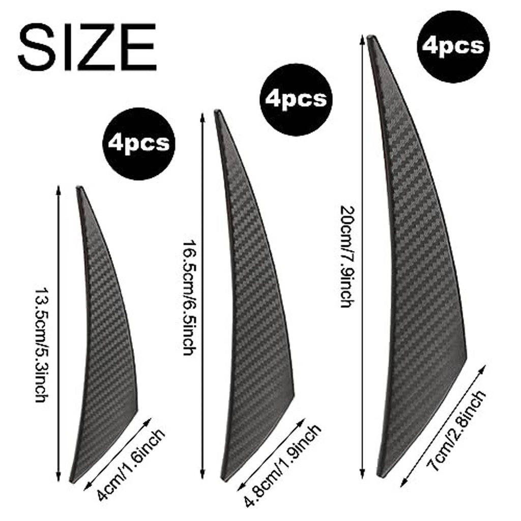 Front bumper canard fin size diagram with 4pcs and height measurements, carbon-fiber-look
