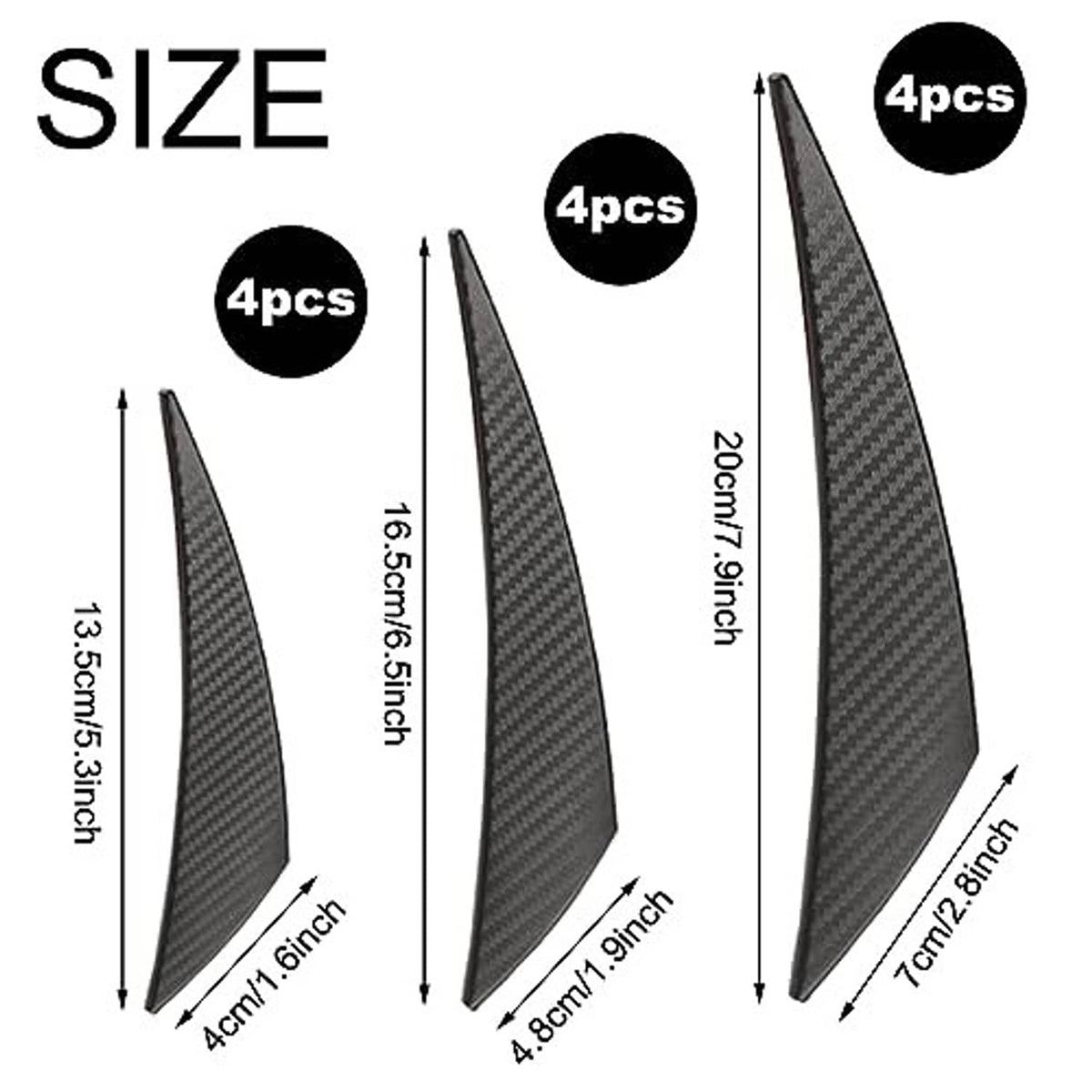 Front bumper canard fin size diagram with 4pcs and height measurements, carbon-fiber-look