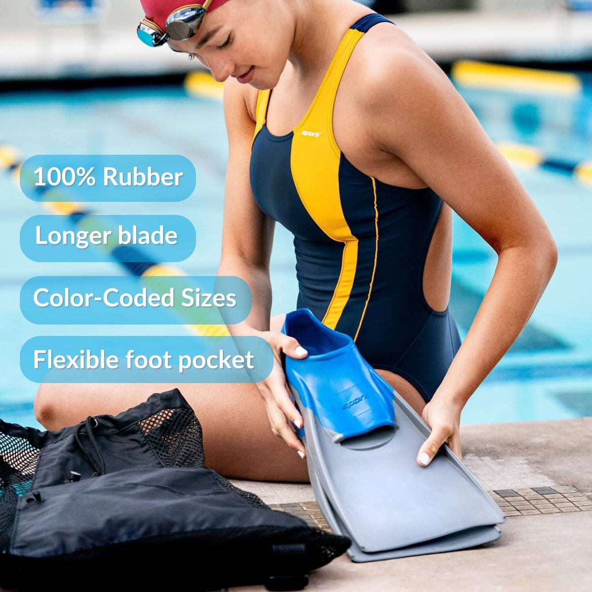 Toddler-style swim fins being worn, blue blade with yellow accents