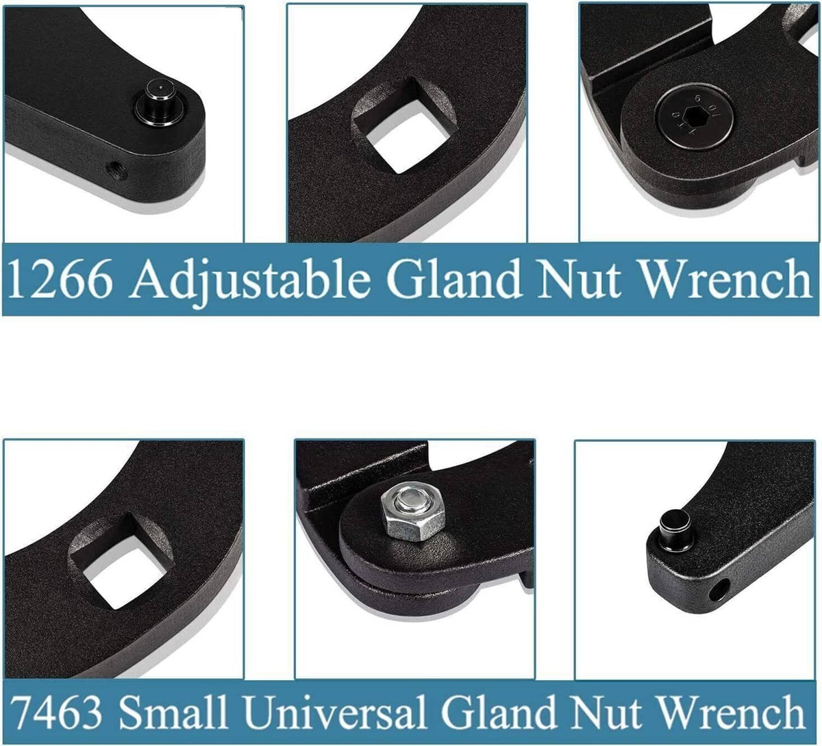 Adjustable gland nut wrench close-ups of open notches, hex fastener, and pin details