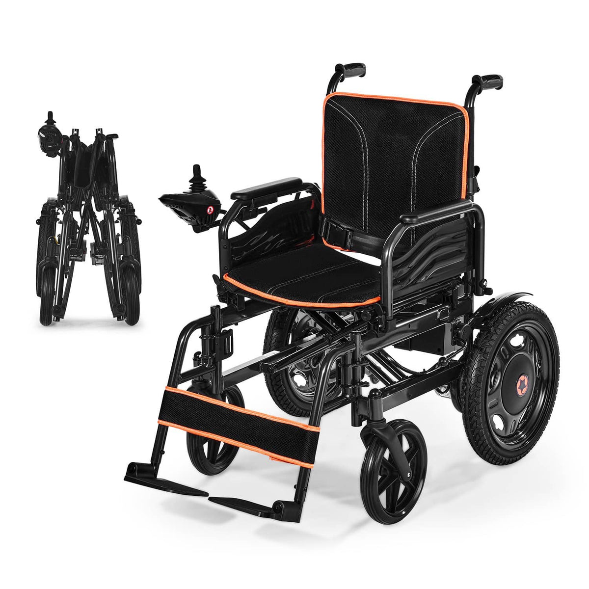 Folded electric mobility wheelchair with black seat and orange trim, shown from side