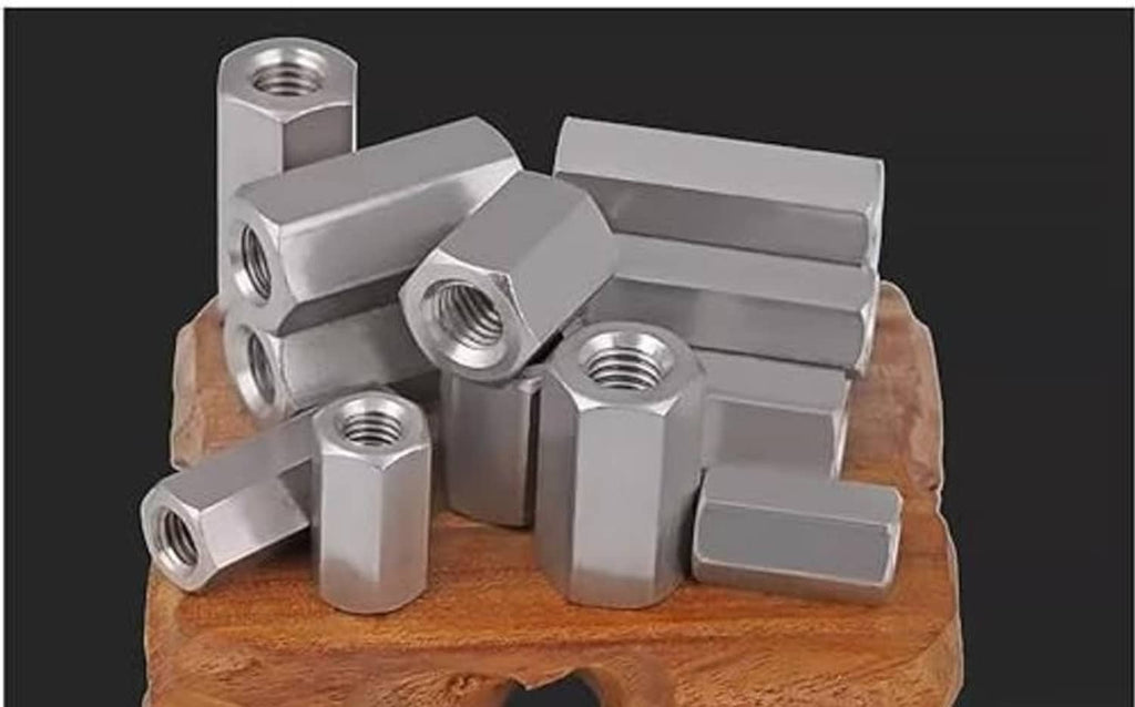 Stainless steel hex extension nuts, M10 threaded hex bodies, assorted angles