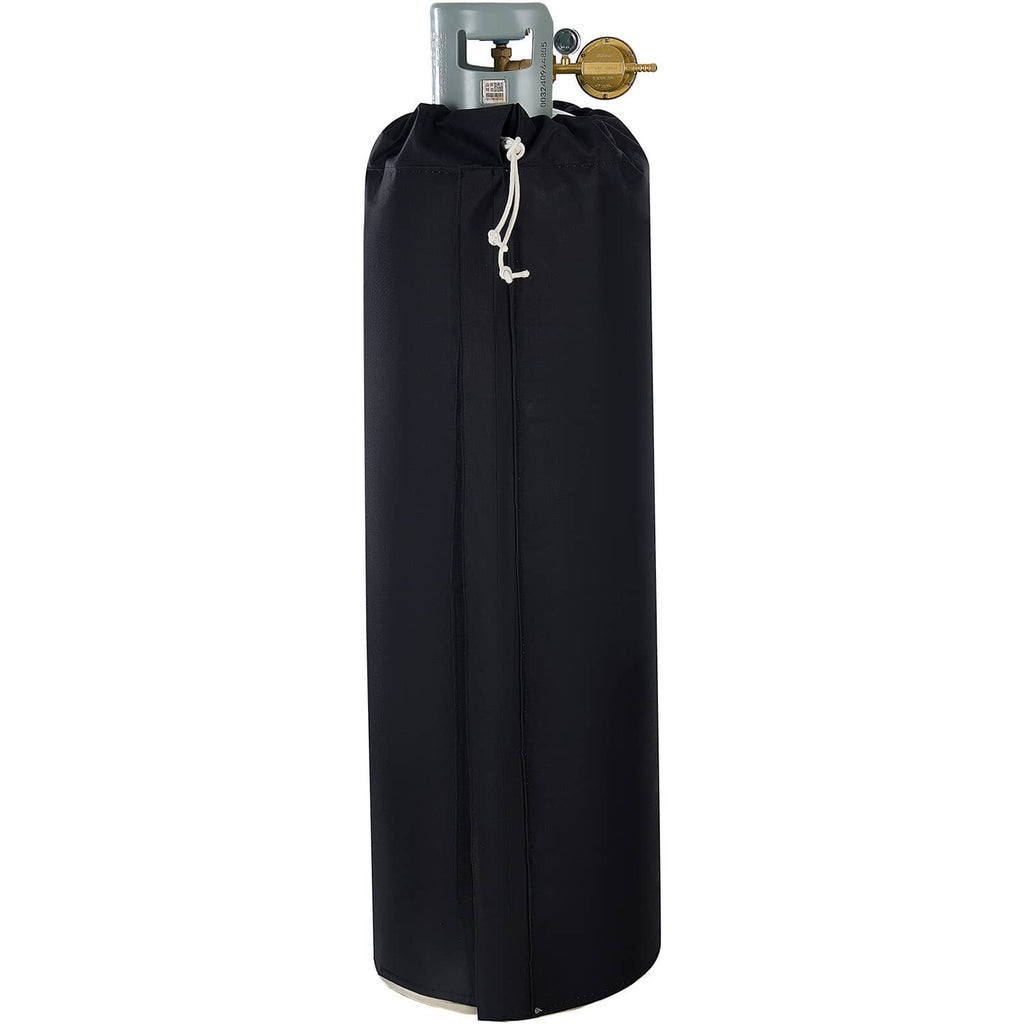 Black insulated gas cylinder warmer cover with drawstring top and connected power cord.
