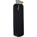 Black insulated gas cylinder warmer cover with drawstring top and connected power cord.