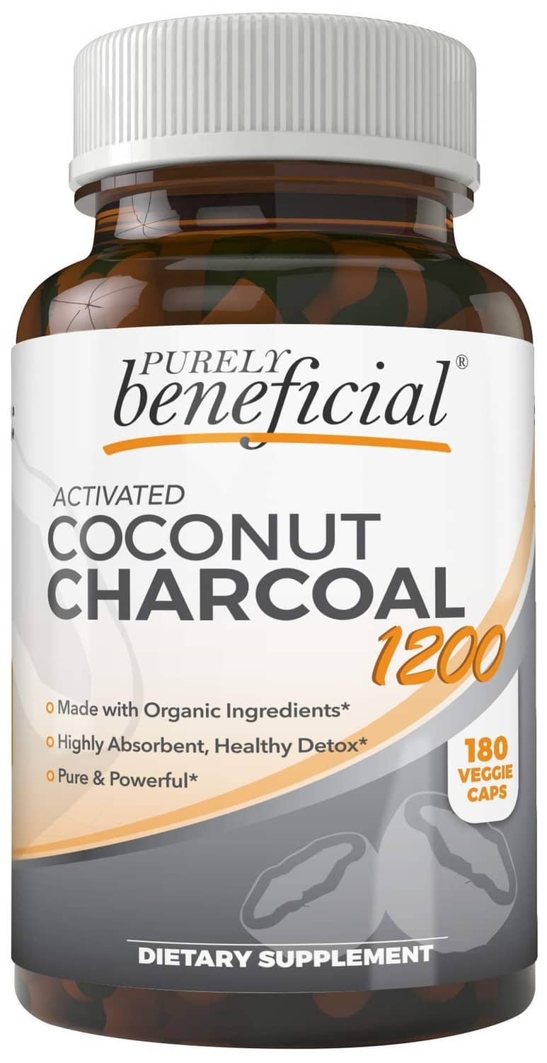 Activated coconut charcoal 1200 mg dietary supplement bottle front label, 180 caps