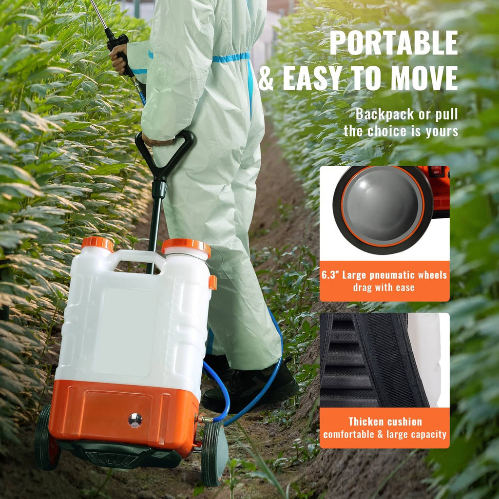 Wheeled battery sprayer cart with large pneumatic wheels and long spray wand on backpack suit
