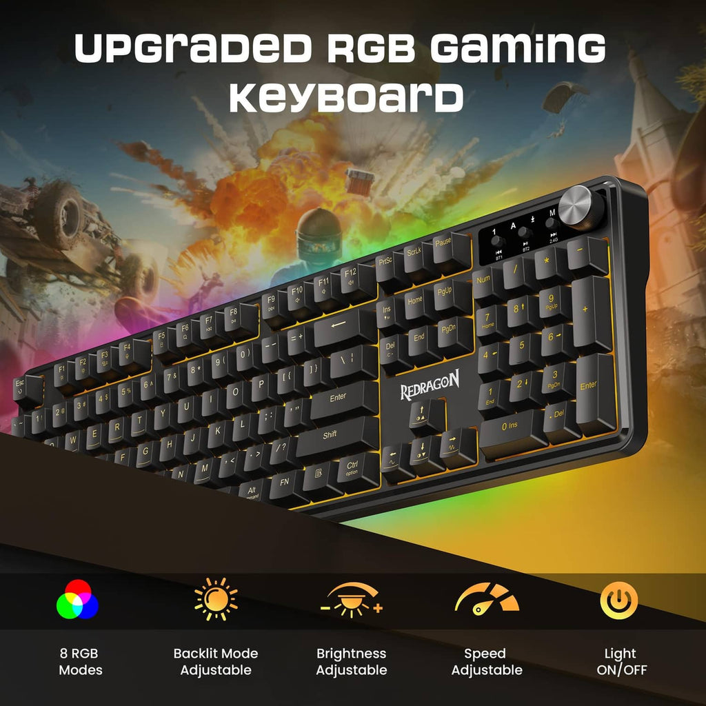 Grayish-black gaming keyboard with RGB backlit keys and top-right volume knob.