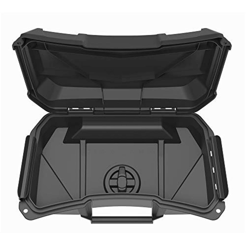 ATV storage cargo box open view, showing inner compartment and center latch