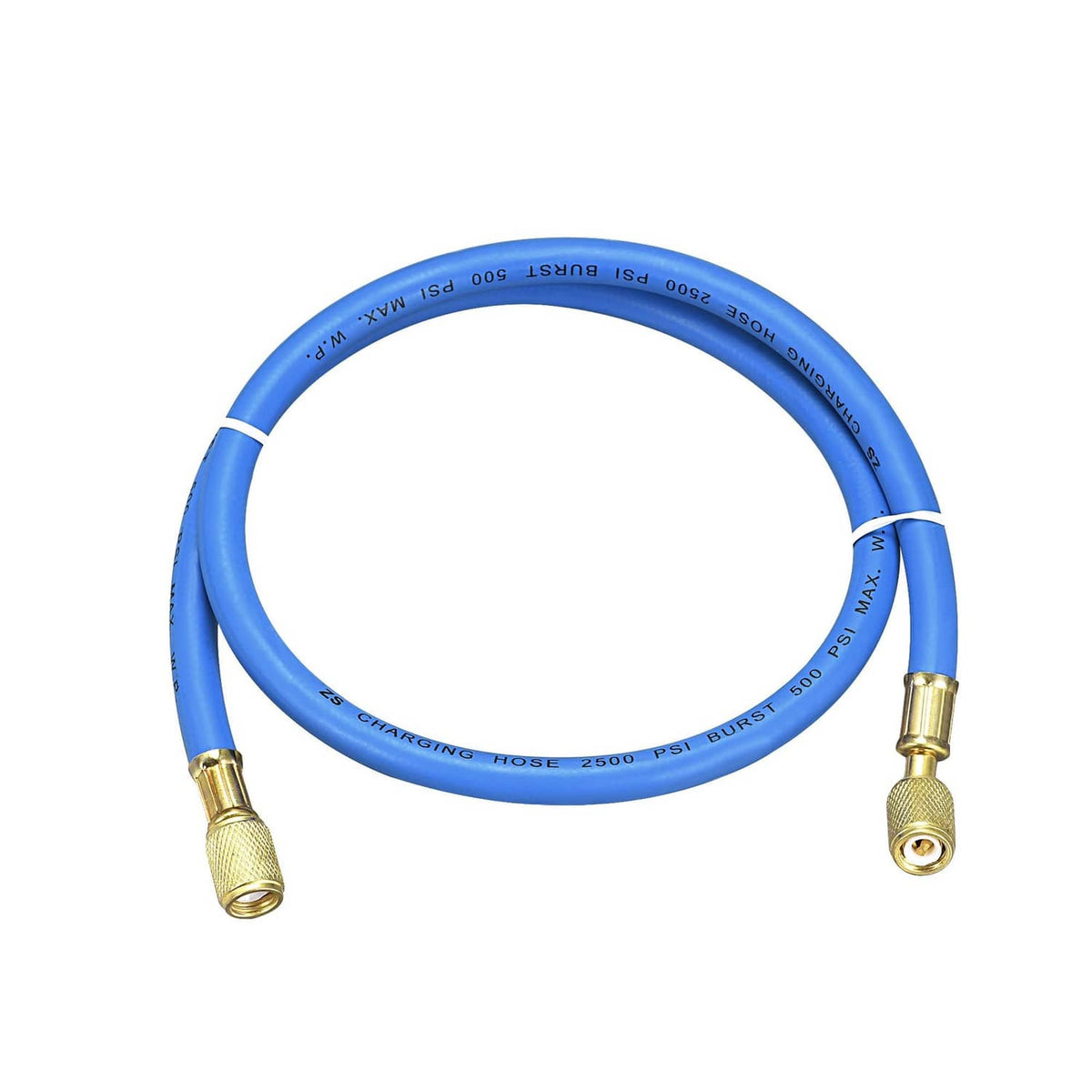 Blue refrigerant charging hose with brass fittings, 1/4 SAE flare thread