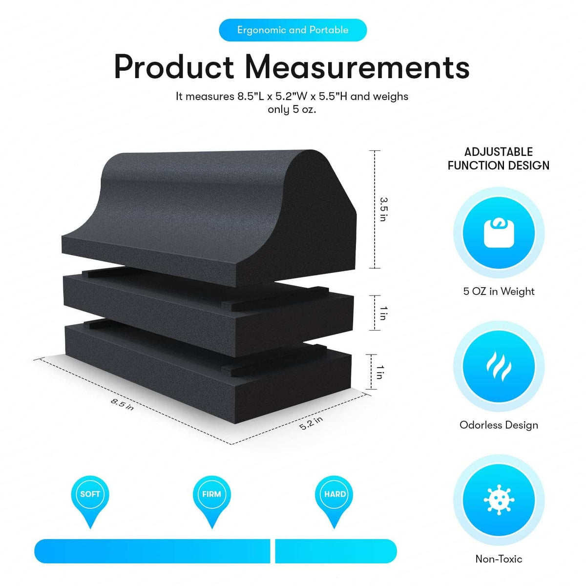 Black cervical traction orthotic foam blocks with visible size proportions