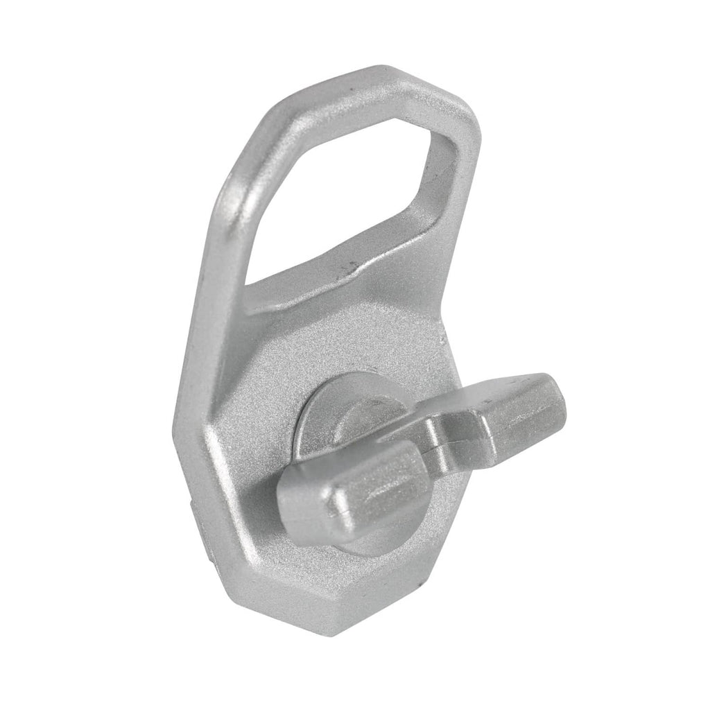 Silver metal D-ring anchor with circular latch and lower mounting pin