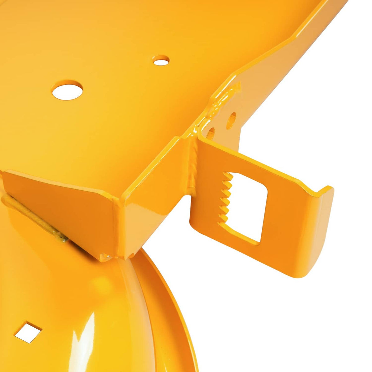 Yellow mower deck shell side bracket with bolt holes and tabs