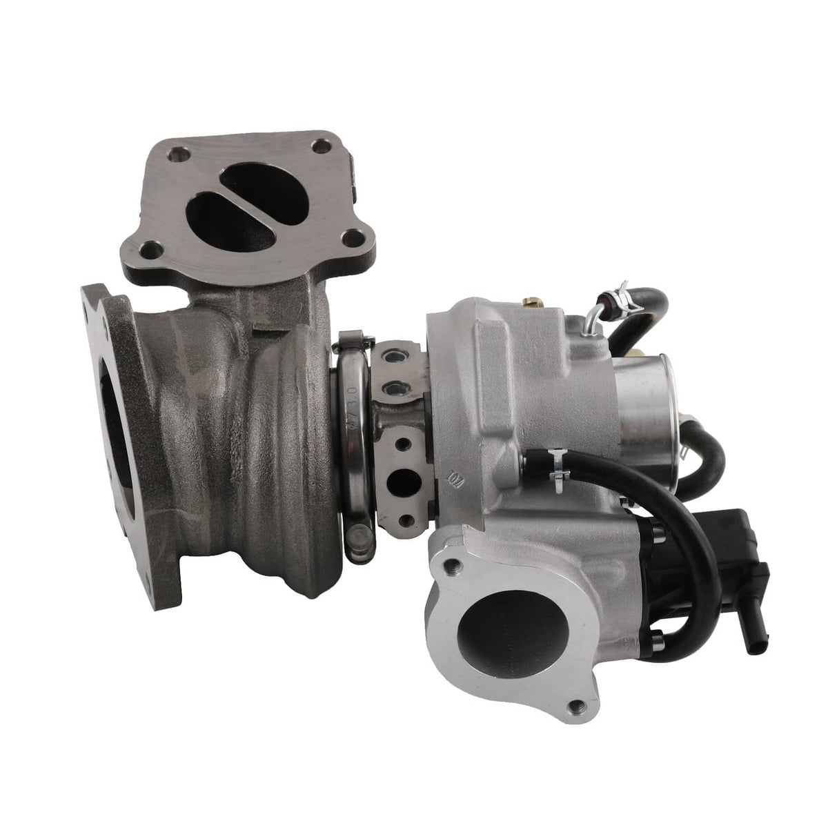 Turbocharger with cast exhaust and compressor housings, inlet and outlet openings visible