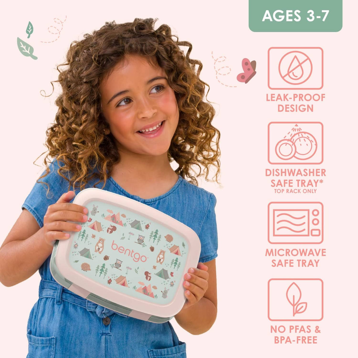 Bentgo kids leak-proof lunch box with nature animal print, mint rim, held by child