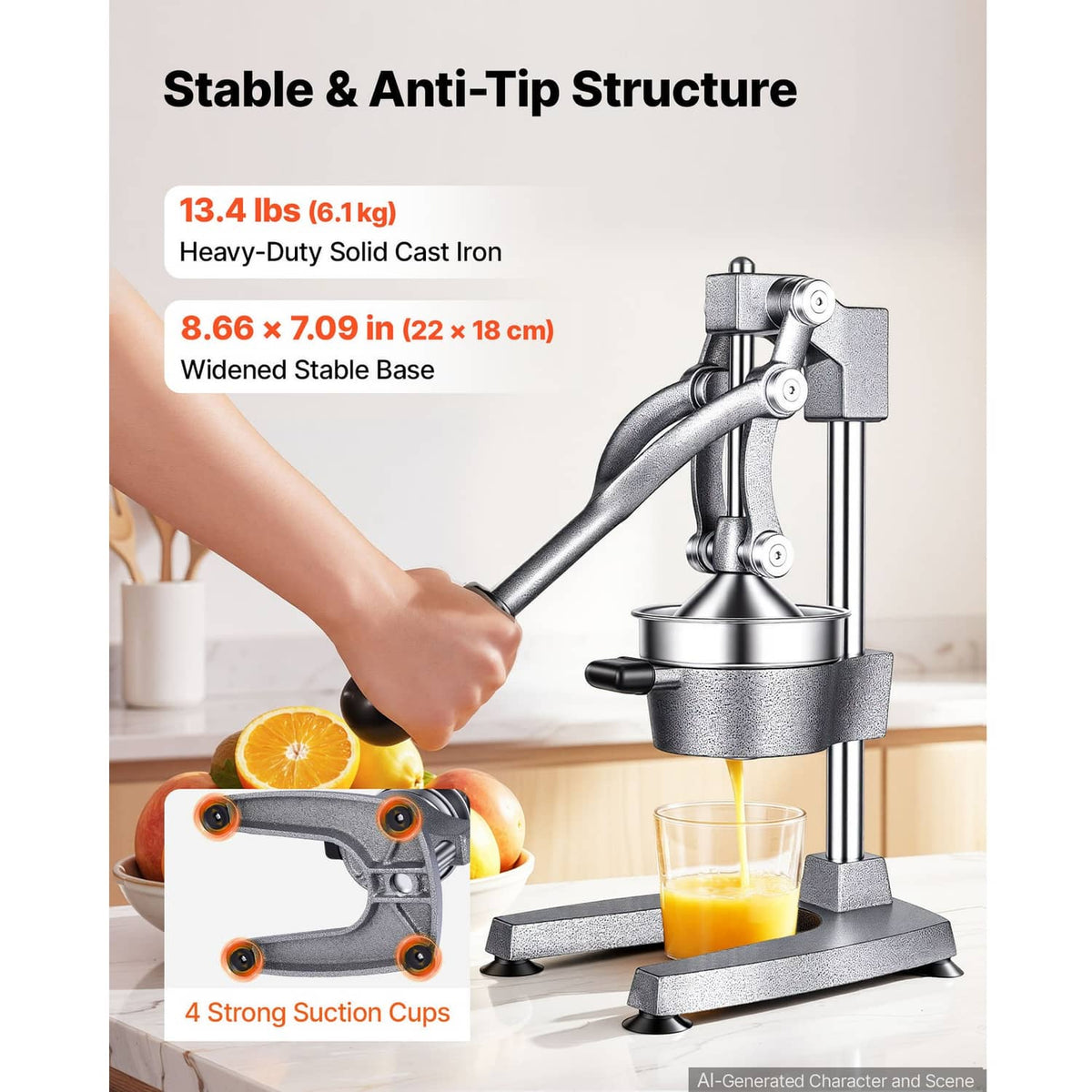 Manual citrus juicer with wide stable base and press head, silver gray metal