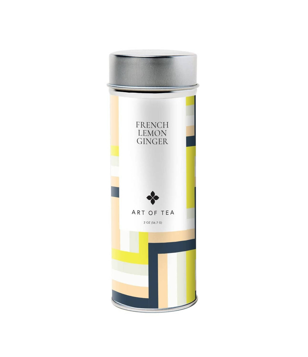 Cylindrical tea tin with silver lid and French Lemon Ginger label