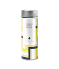 Cylindrical tea tin with silver lid and French Lemon Ginger label