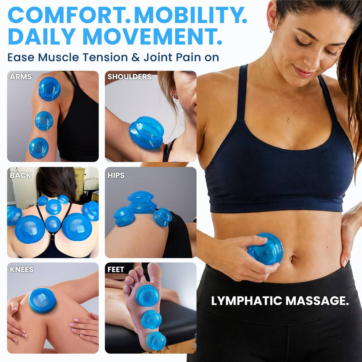 Blue silicone cupping cups applied to arms, shoulders, back, hips, knees, and feet