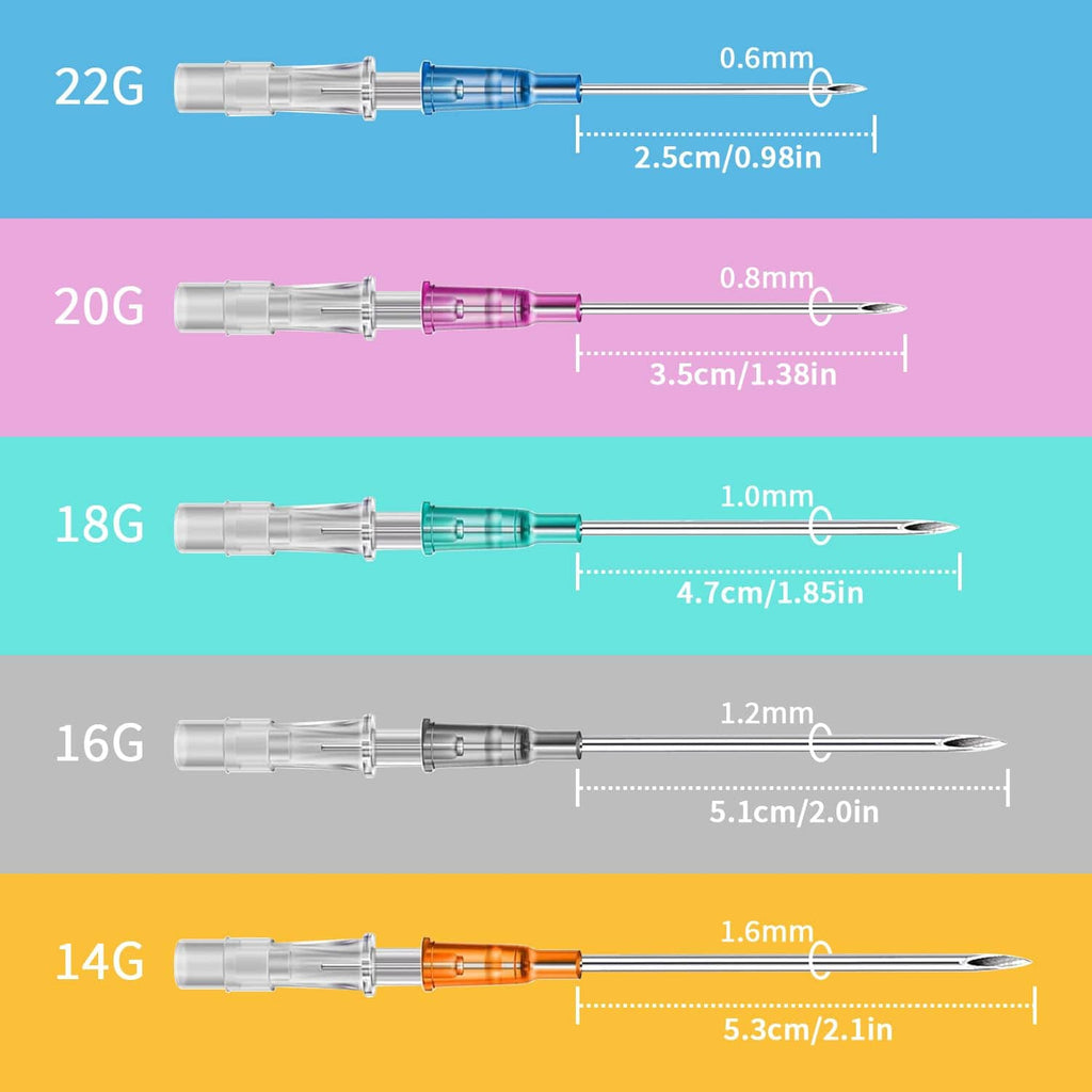 Hollow piercing needles size chart with colored barrels for 14G,16G,18G,20G,22G