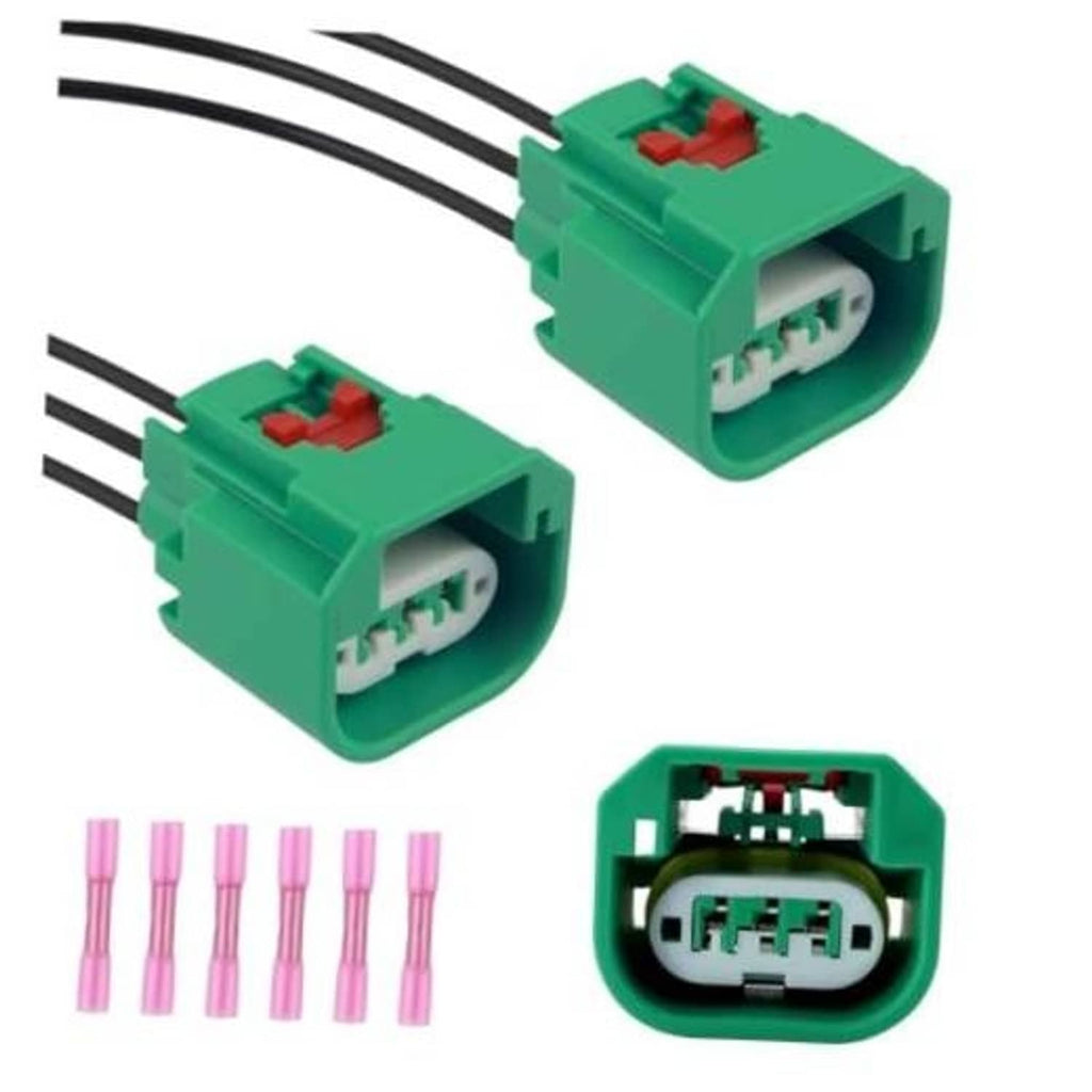 2-pack green headlight connector plug with terminals, black wire harness