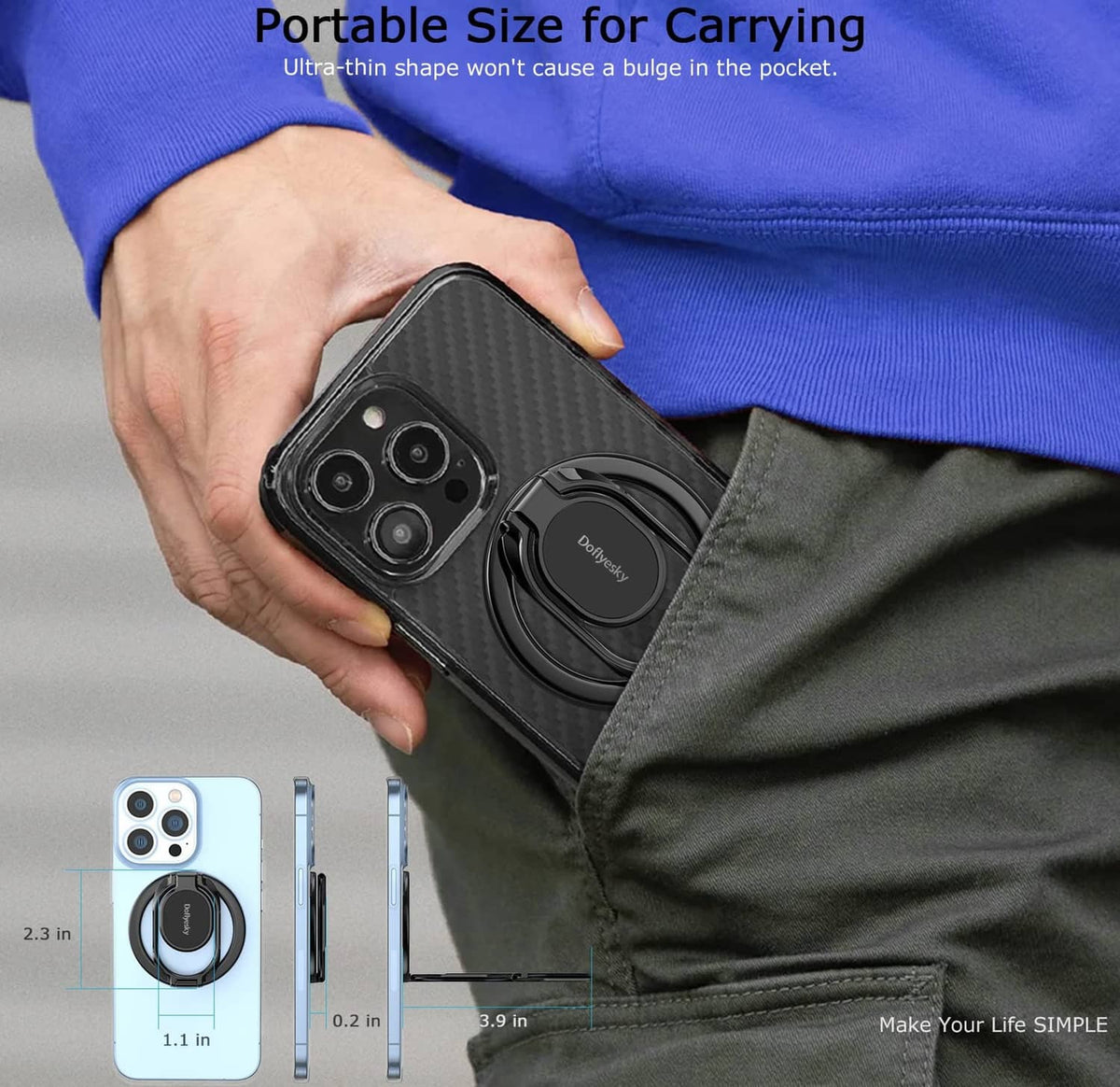 Black metal magnetic phone ring holder tucked in a pocket with a phone