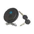 Black fuel tank cap lock cover with blue key slot and two keys