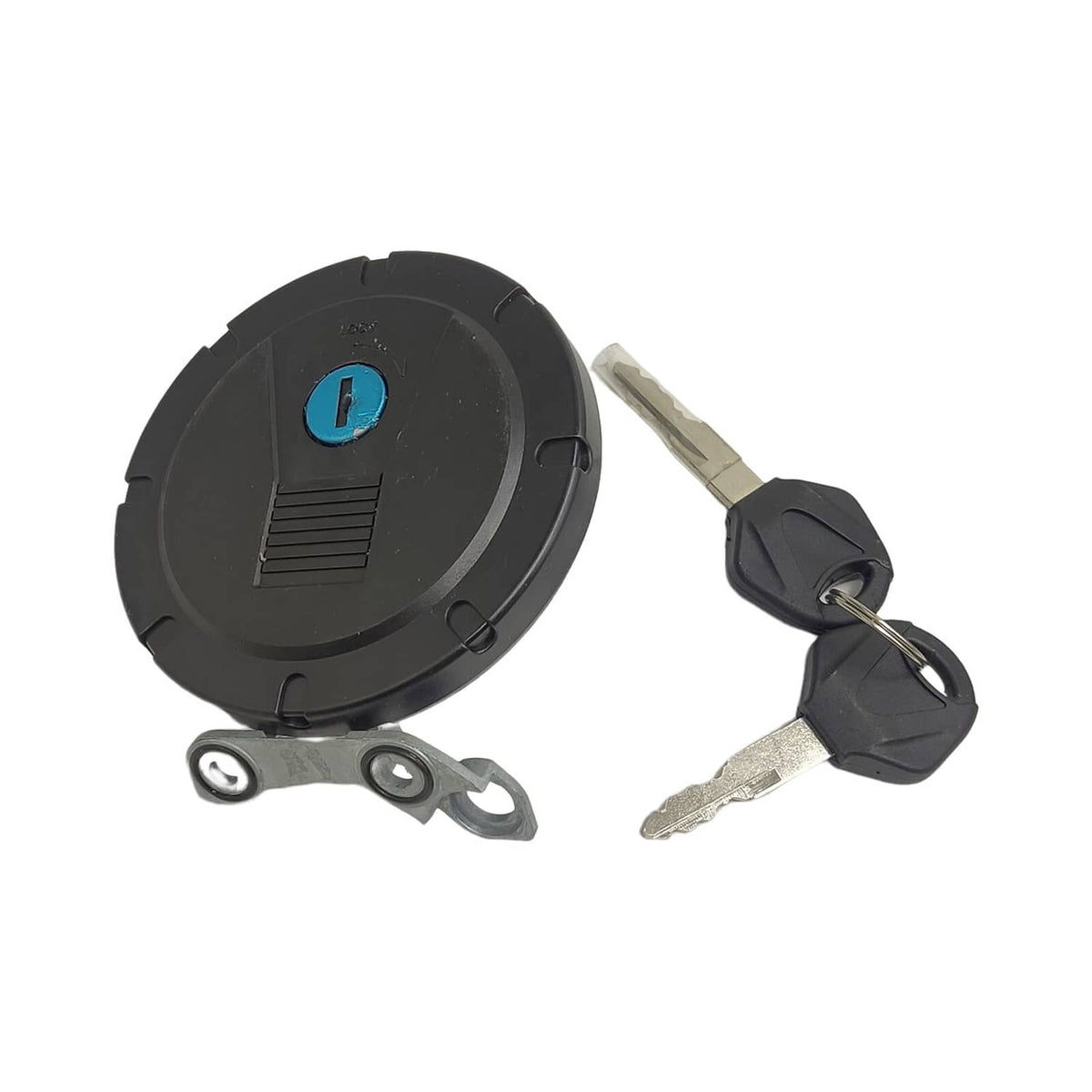 Black fuel tank cap lock cover with blue key slot and two keys