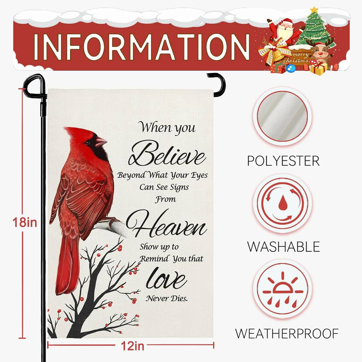 Winter garden flag with red cardinal on white background and “Believe” message
