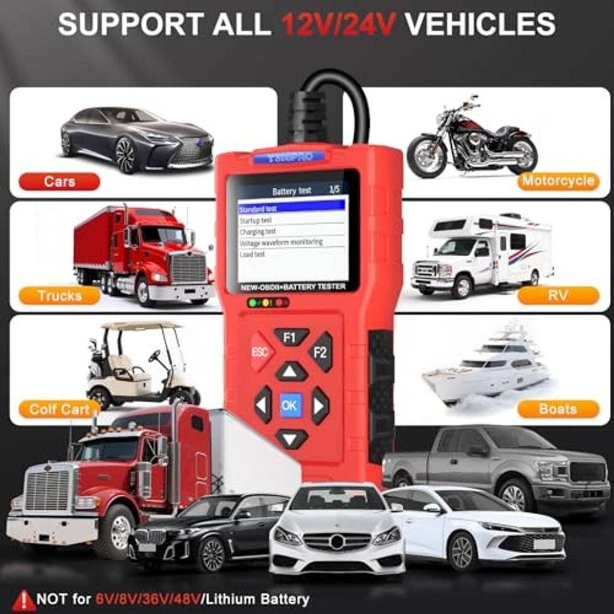 Red car battery tester for 12V/24V with vehicle type icons and screen display