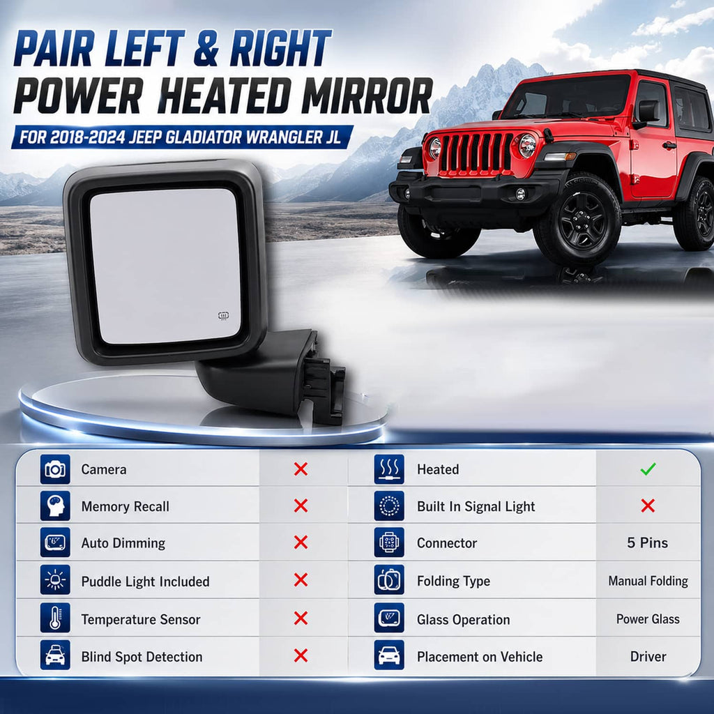 Black square power heated side mirror with rear mounting bracket and glass frame