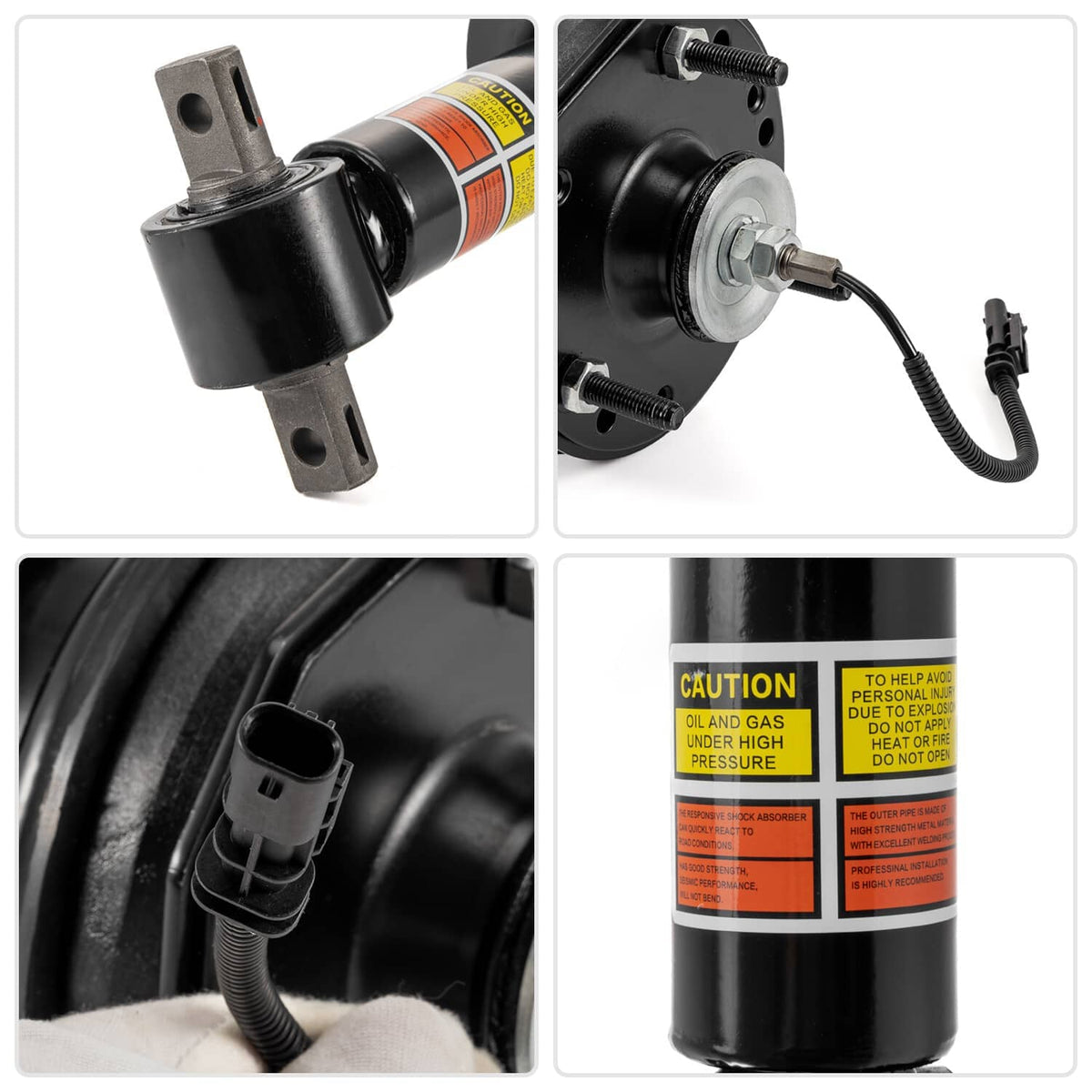 Shock strut assembly with mounting bracket, black body and orange warning label