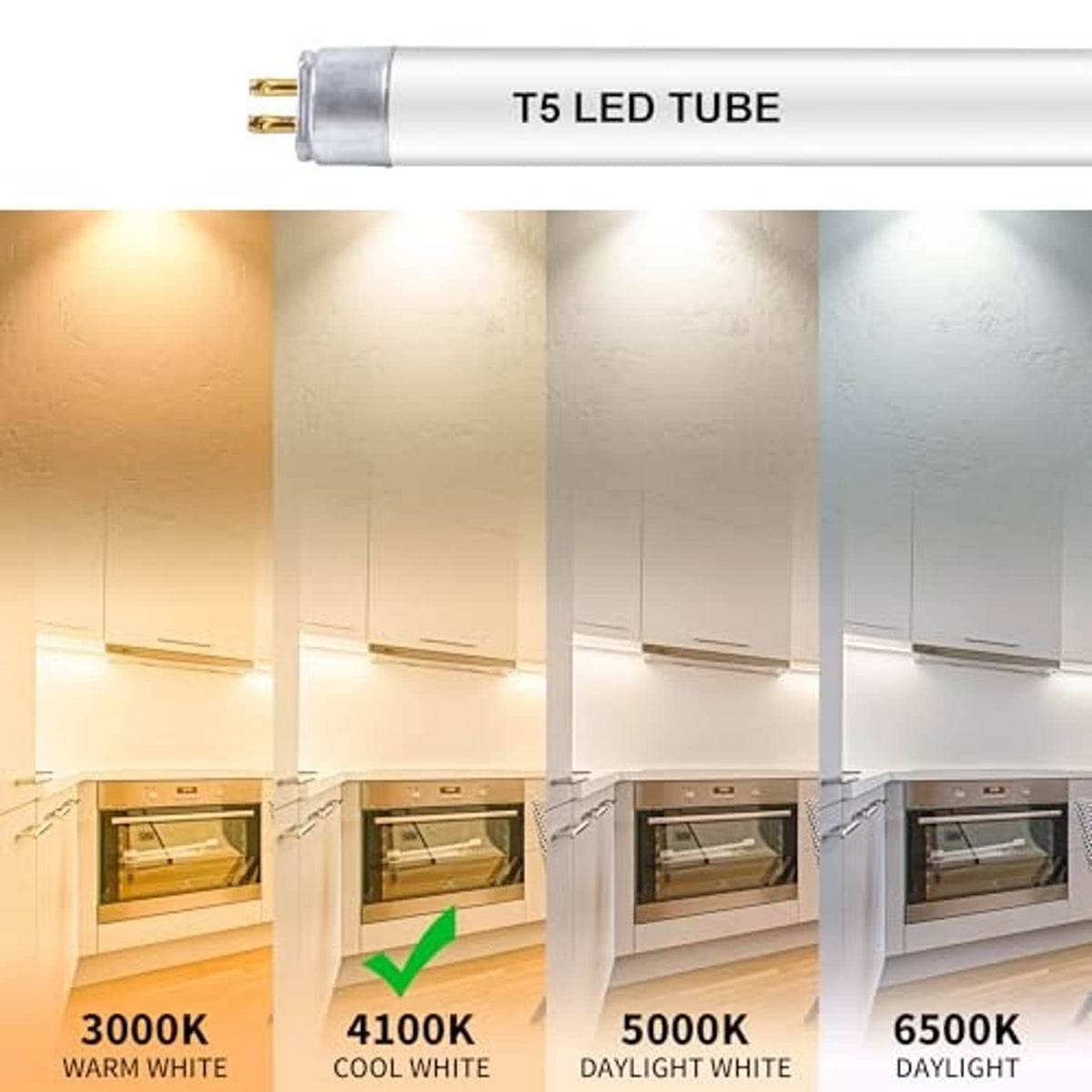 T5 LED tube with light-color comparison showing multiple warm to daylight options