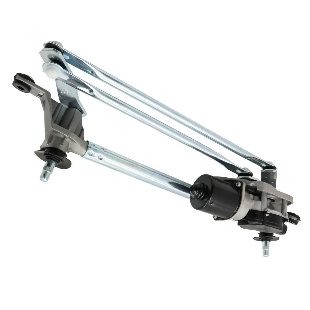 Windshield wiper linkage assembly with motor, angled view of silver arms and black link