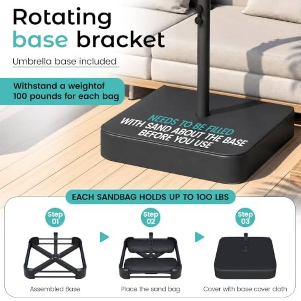 Black umbrella base with sandbag filling cover and assembly steps graphic